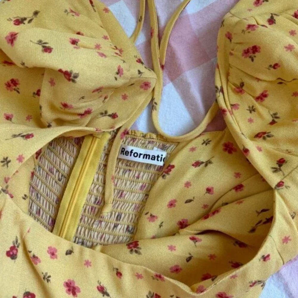 Reformation Mustard Floral Midi Dress - Size US 4 - Picture 6 of 8